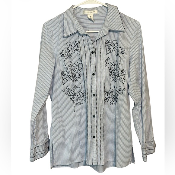 Pursuits Ltd Tops - Pursuits Ltd Cotton Striped Embroidered Button Down Shirt Sz 14